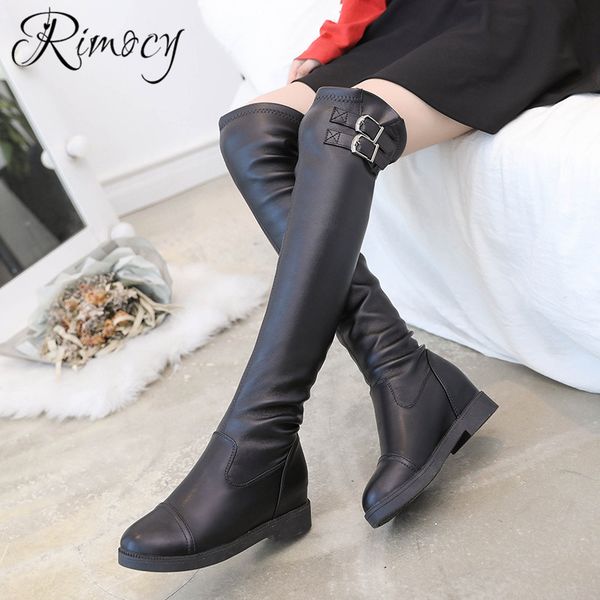 

rimocy winter short plush liner botas mujer over the knee boots woman solid black leather long boots comfortable low heel shoes