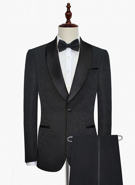 Custom Made Black Men Wedding Tuxedos Embossing Noivo Smoking Excelente Homens Blazer 2 Piece Suit Prom / Smoking (Jacket + calça)