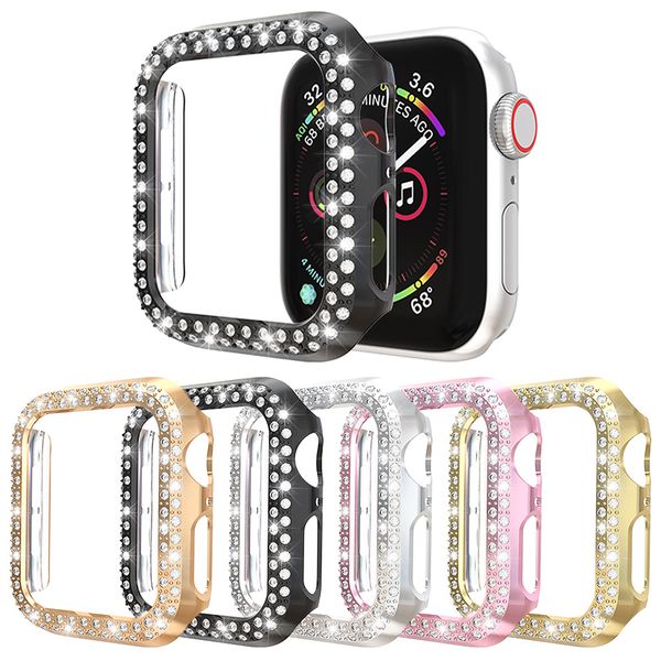 

luxury two rows diamond pc protect cover for apple watch case series 4 3 2 fashion bling bumper 40/44/38/42mm accessories