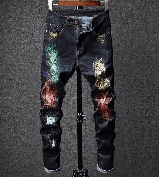 

jeans men biker jeans men artificial paint trousers motorcycle male denim pants masculino fashion autumn winter, Blue
