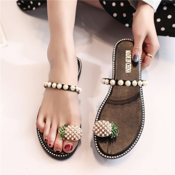 

fashion beaded pearl pineapple flip flops women outdoor flat sandals casual shoes woman beach summer slippers bohemian slides, Black