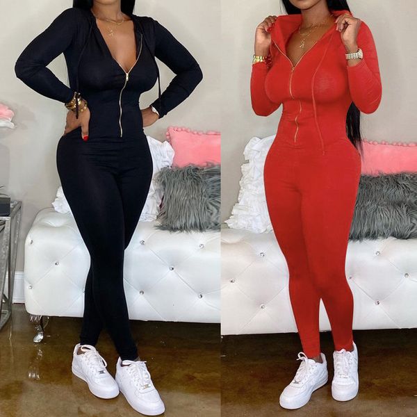 

fashion women's pure color zipper long leeves v collar leisure time jumpsuits, White;black