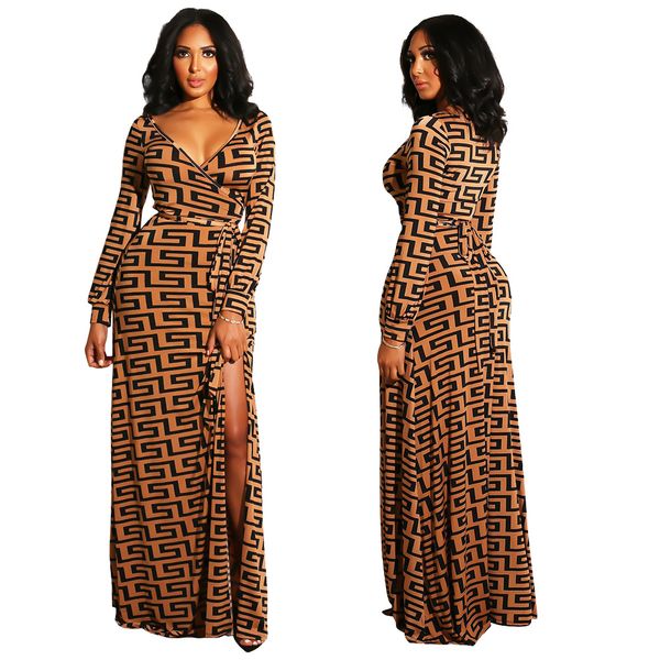 

Women Long V Neck Dress Luxury All Letters Spring Split Up Elegant Dresses For Vestidoes