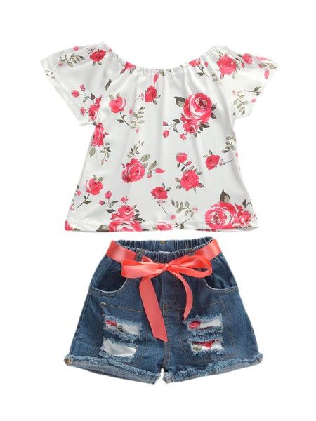 

1-6y summer baby girls clothes sets 2pcs flowers print ruffles short sleeve t shirts +denim shorts, White