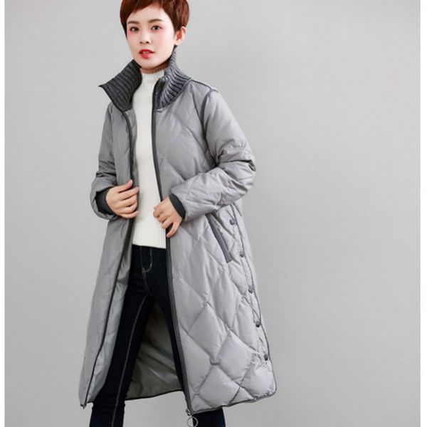 

m~3xl new office lady duck down filling jackets 2018 winter women long knitted collar patchwork parka high end buttons coats hot, Black