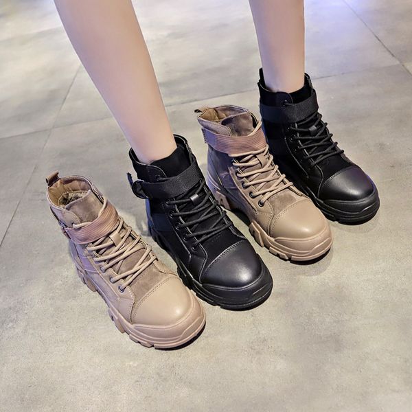 

lace up shoes boots women new 2019 booties ladies winter footwear luxury designer round toe low heels booties mid calf rock, Black