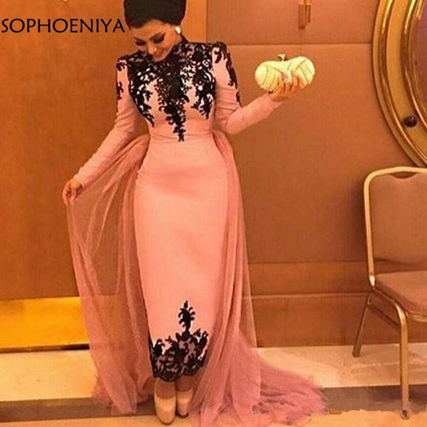 

new arrival arabic muslim evening dress 2019 black lace appliques evening gowns robe de soiree musulman long dress party, White;black