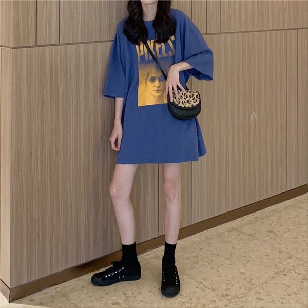 

black t- women's ins loose european style large edition mid-long half-sleeve shirt missing short-sleeved t-shirt fashionable summer, White