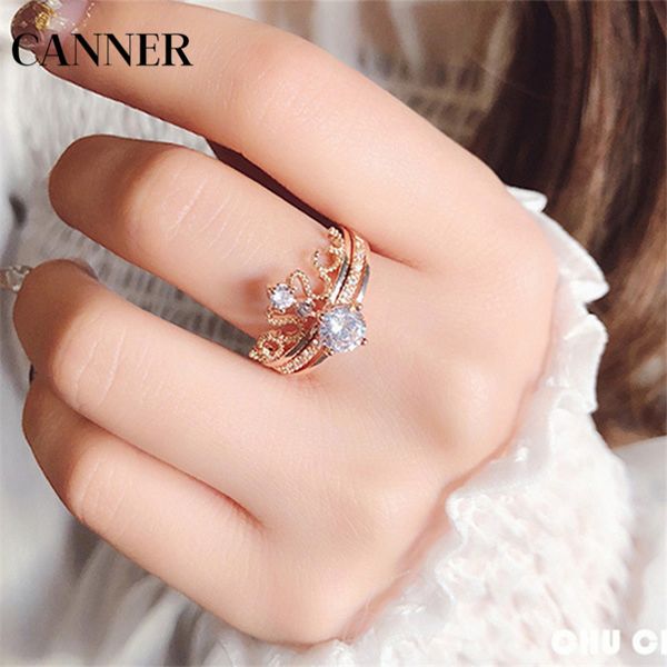 

canner new fashion zircon crown wedding rings for women rose gold/silver color adjustable engagement ring set