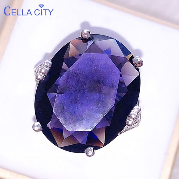 

cellacity elegant simple hollowed out ring for women oval shaped amethyst silver 925 jewelry elliptical extra large gemstones, Golden;silver