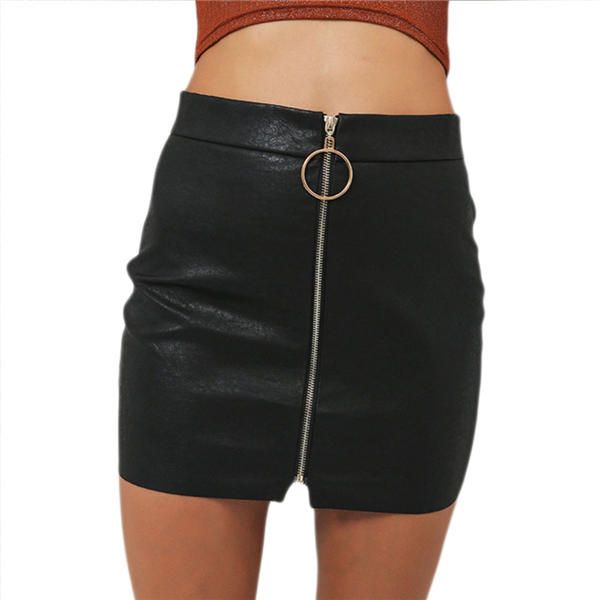 

skirts womens high waist skirt pu leather autumn metal hoop zipper pencil skirt slim mini skirt, Black