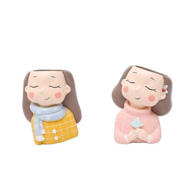 

2-packs cartoon girl resin succulent flower pot container planter, perfect for home decoration - pink & yellow