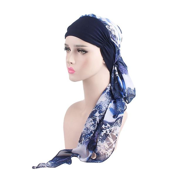 

fashion women spring muslim turban ladies chiffon scarves hats long hair headscarves chemo caps hair accessories women bandanas, Blue;gray