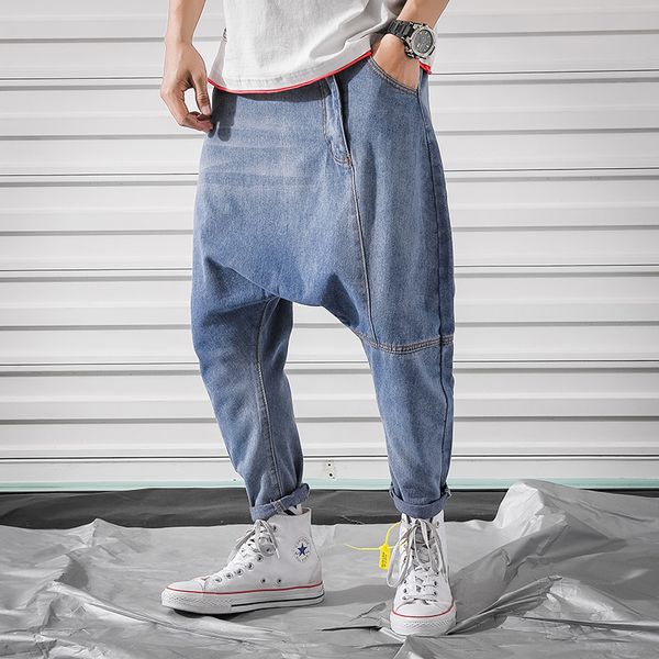 

men's jeans 2019 new loose full length joggers 5xl trousers casual zipper fly denim pencil harem pants streetwear male jeans, Blue