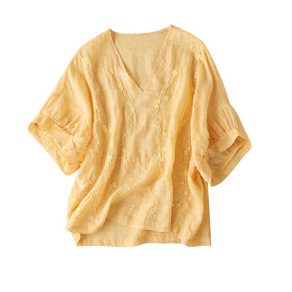 

linen cotton beach style embroidery women summer shirts and blouses lantern sleeve solid yellow blue green summer women, White