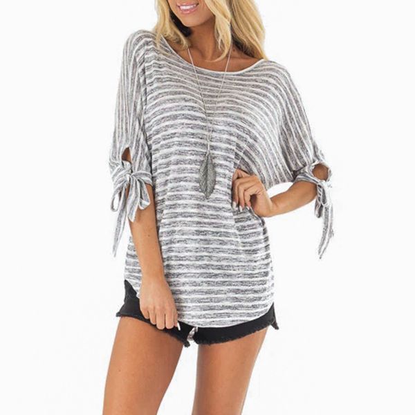 

2019 new womens short sleeve backless striped print tee casual blouse shirt, White