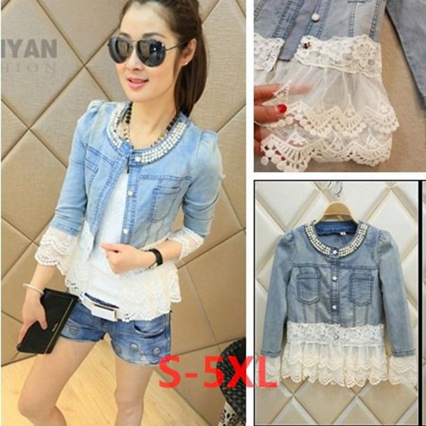 

autumn fashion denim coat women lace patchwork pearl jackets slim long-sleeve denim jacket outerwear jeans plus size, Black;brown