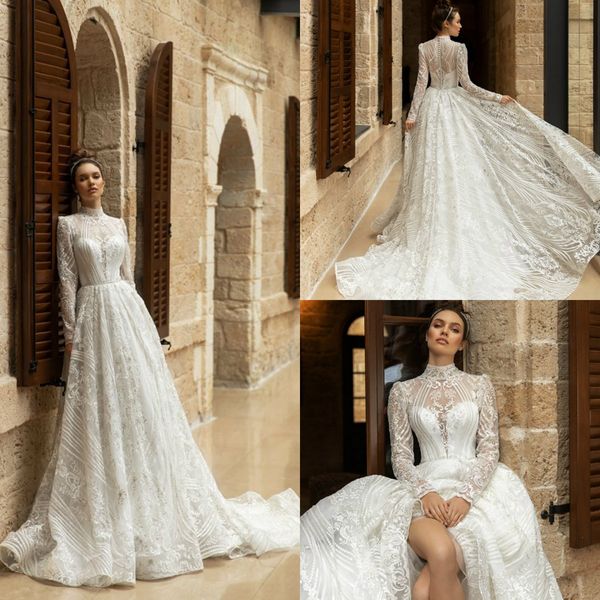 

2020 idatorez пляж свадебные платья высокая шея кружева аппликация с длинным рукавом свадебное платье линия на заказ vestidos de novia, White