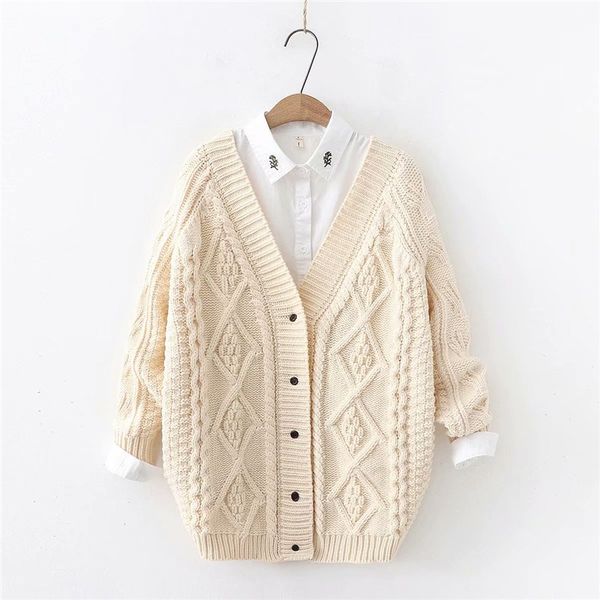 

beige lady twisted geometric loose wide v-neck cardigan, White