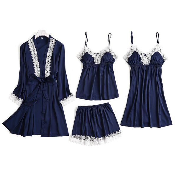 

rayon satin female 4pcs nightwear cami+shorts+nighty+robe home wear spring new sleepwear set lace pajama pyjama suit, Blue;gray