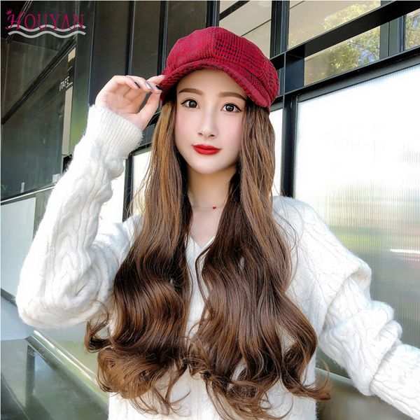 

houyan hair high temperature synthetic wig heat-resistant black women's wig with beret synthetic wavy long curly beret