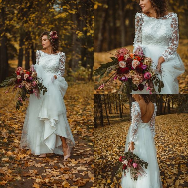 

sheer bateau a line wedding dresses tulle lace long sleeves tiered bridal gowns appliques open back floor length dress, White