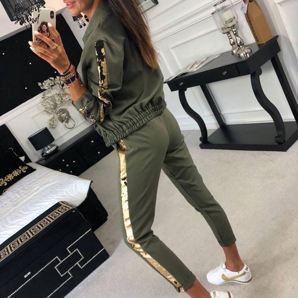 

outfit падение женщины повседневная костюм женщины piece set top и брюки пайетками 2 лоскутная zipper outwear sexy sweat suit, White