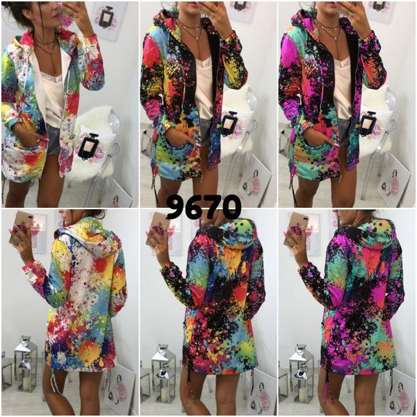 

fashion women multicolor printing hooded coat zipper jacket outwear sportwear plus size womens clothing, Black;brown