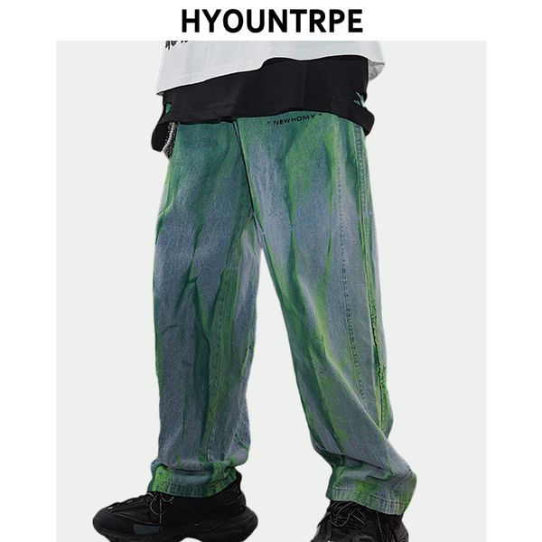 

irregular tie-dyed printed denim pants men straight zipper jeans trouser hip hop streetwear new casual loose joggers jean pants, Blue
