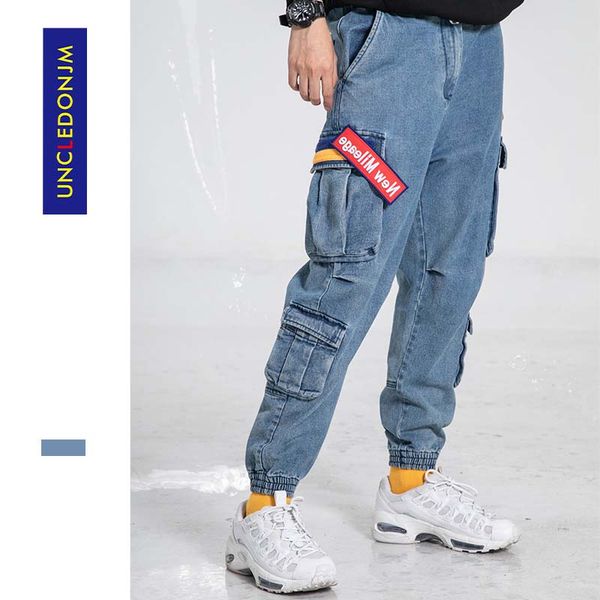 

uncledonjm men's brand cargo jeans multi pockets tactical denim pants male outdoor casual jeans aug-by2000, Blue