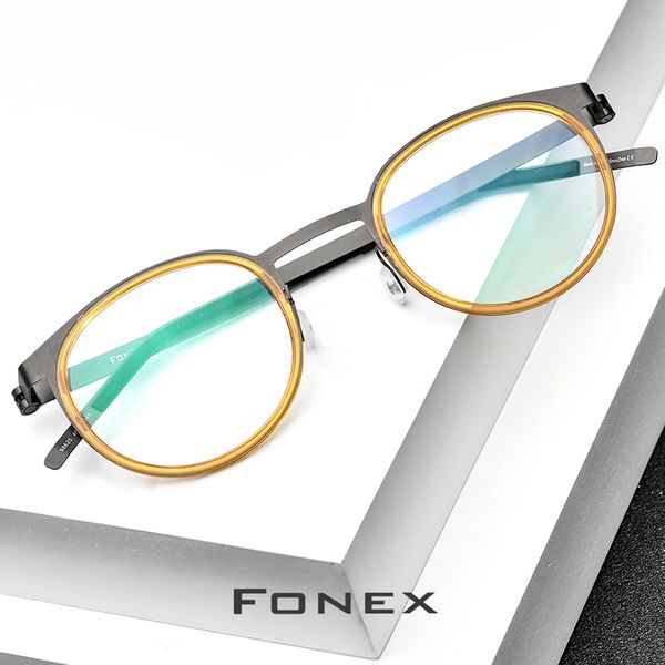 

fonex acetate titanium alloy eyeglasses frame men women round prescription myopia optical glasses korean screwless eyewear 98625, Black