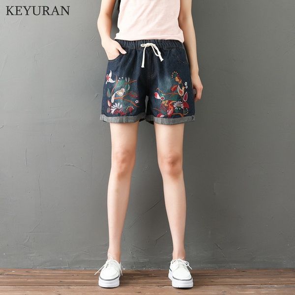 

plus size summer women vintage floral birds embroidery denim shorts jeans roll up pocket ladies casual short mujer l3366, White;black