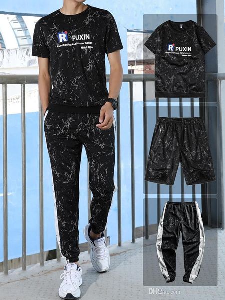 

2019 new summer men's camouflage three-piece suit male summer short sleeve + shorts + long pants large size sports set, Gray