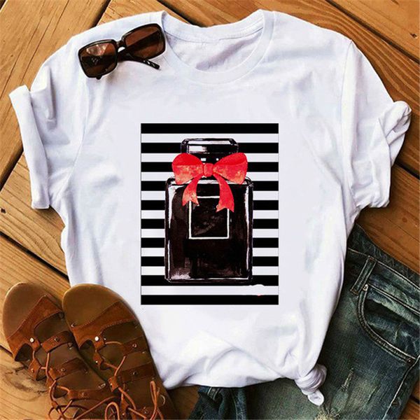 

perfumer floral stripe t shirt women summer fashion shirt female streetwear t-shirt vogue clothing, White