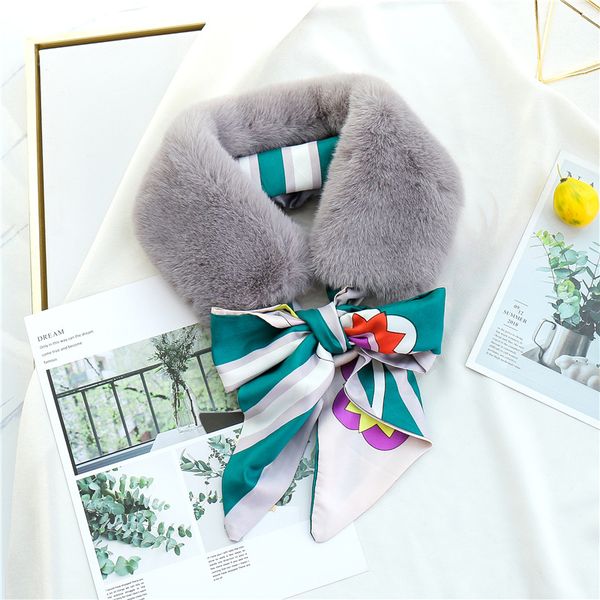 

fashion long silk scarf for women elegant luxury faux fur collar scarf ladies thick neck warmer coat bufandas, Blue;gray