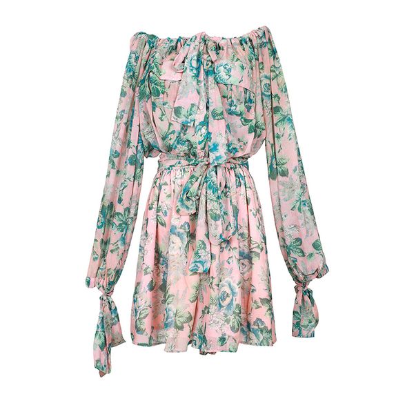 

new fashion 2019 summer runway dress women's slash neck floral print casual dress, Black;gray