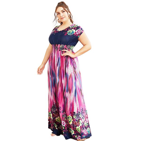 

new arrival selling plus size spring summer womens holiday beach dress crew neck floral printed ladies dress, Black;gray