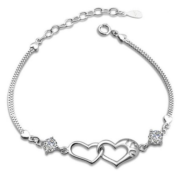 

925 sterling silver plated love heart bracelets jewelry for women fashion designer wedding party gift charm link bracelets, Golden;silver