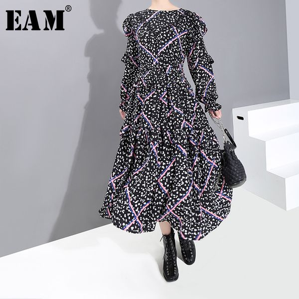 

eam] женщины шаблон печати темперамент длинное платье новый шею с длинным рукавом свободная посадка мода прилив весна осень 2019 19a-a876, Black;gray