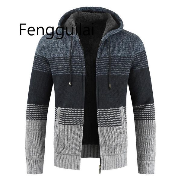 

fashion sweater coat men 2020 winter thick warm hooded cardigan jumpers men striped cashmere wool liner zipper fleece coats, White;black