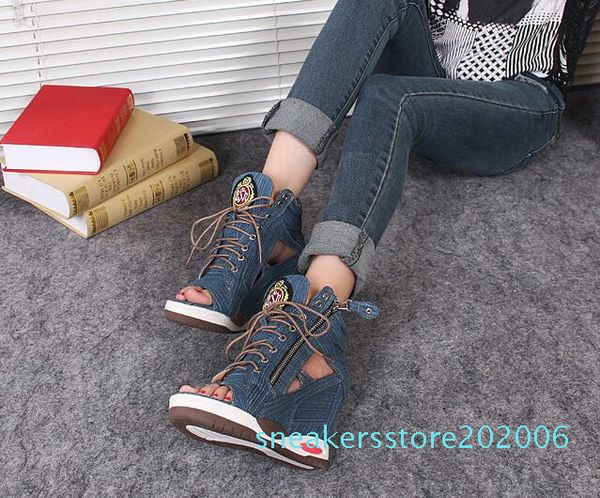 

2019 new style fashion women denim heighten shoes girls lace up sandals s6, Black