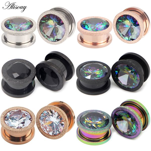 

2pc rose gold stainless steel screw ear tunnel plug frosted cubic zircon ear gauges plugs tunnels expander body piercing jewelry, Slivery;golden