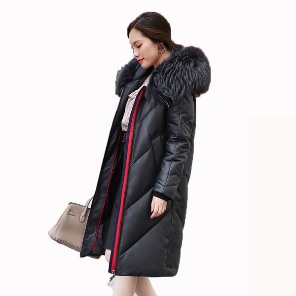 

korean raccoon dog fur collar sheepskin coat vintage down coats real fur coat genuine leather jacket women clothes 2018 zt1335, Black