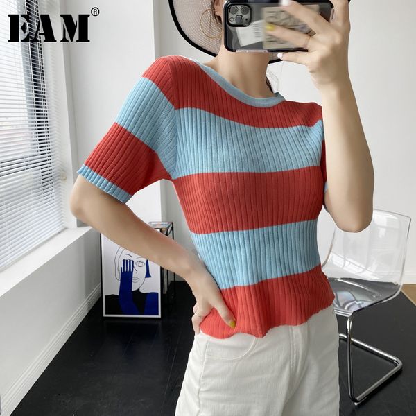

eam] red striped thin knitting sweater loose fit round neck half sleeve women pullovers new fashion spring summer 2020 1w900, White;black
