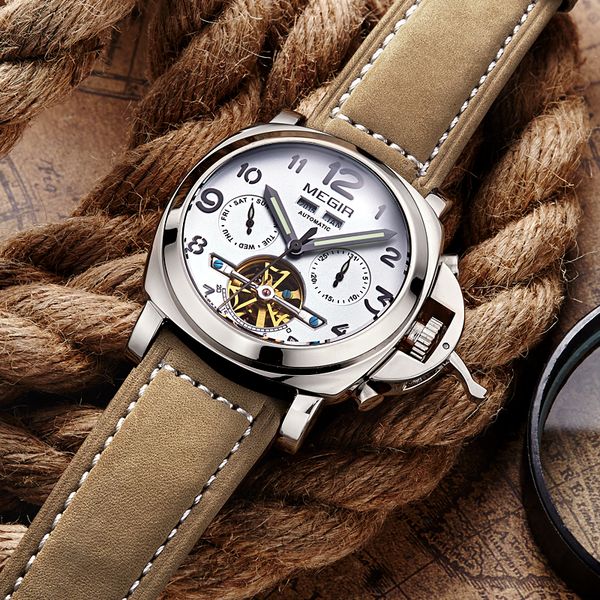 

megir automatic mechanical watch men fashion analog watch men's waterproof creative wristwatches relogio masculino, Slivery;brown