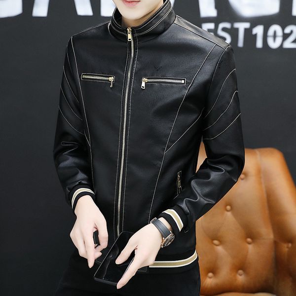 

fashion outwear chaqueta cuero hombre men coat bomber jacket streetwear jaqueta motoqueiro leather jackets men's stand collar, Black