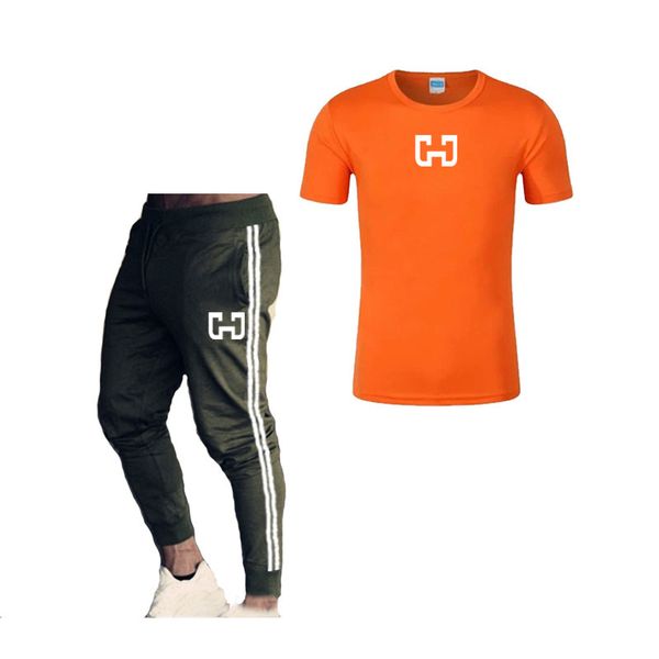 

2 piece set sports men's running t-shirt+jogging pants sportswear printed fitness stripe sweatpants compression sweatshirt men, Black;blue