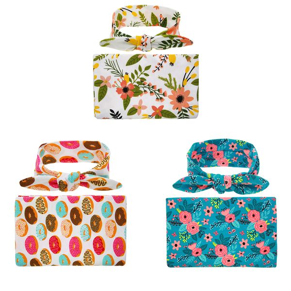 

3 colors flower print baby receiving swaddle blanket bowknot headband set infant wrap towel pgraphy props