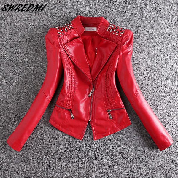 

swredmi 2019 new fashion red motorcycle leather jacket women rivet zippers biker leather coat plus size s-3xl suede outerwear, Black