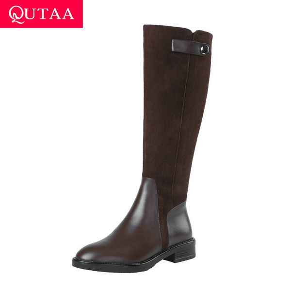 

qutaa 2020 women knee high boots cow leather cow suede zipper long boots square low heel round toe casual women shoes size 34-39, Black
